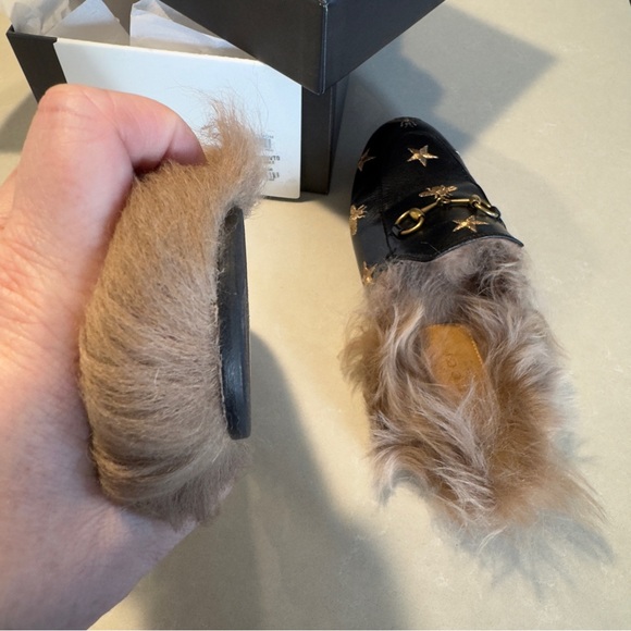 GUCCI Princetown Mule Fur Slippers With Embroidered Bees and Stars Black Leather - Picture 13 of 14